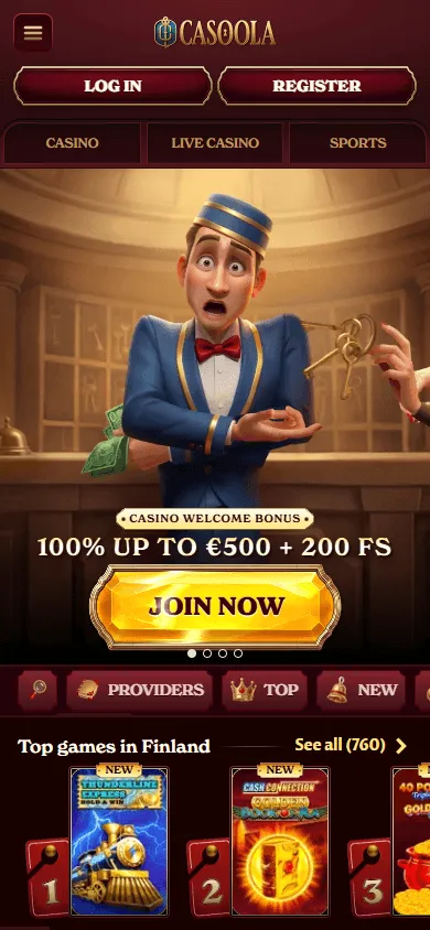Casoola Casino mobile browser home screen on a smartphone