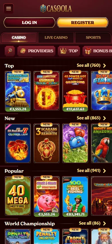 Casoola Casino mobile games area with casino categories