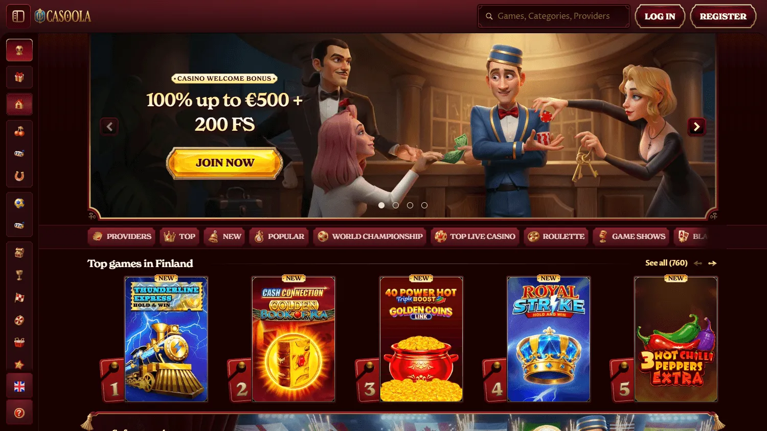 Casoola Casino desktop home screen with casino and sportsbook options