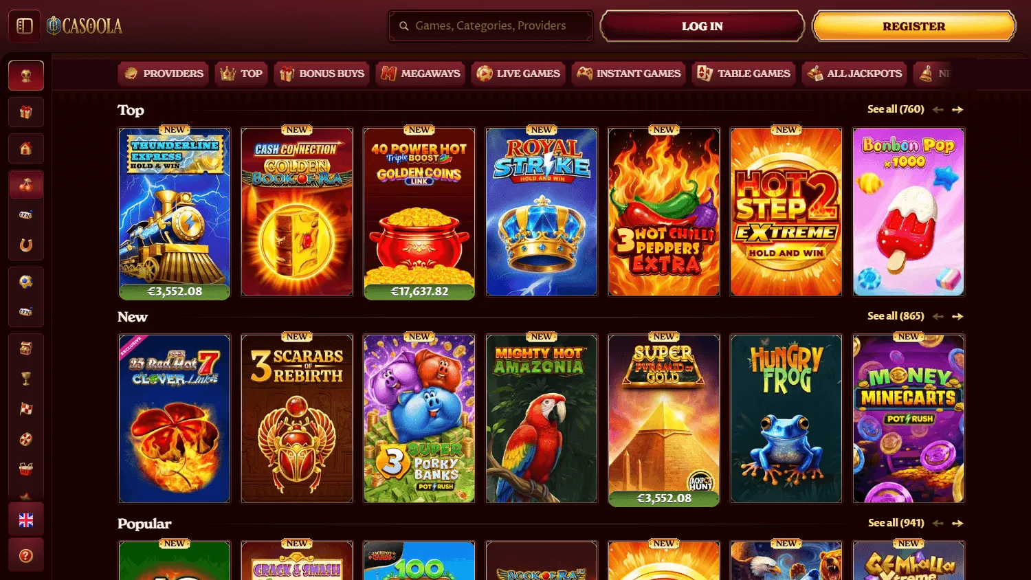 Casoola Casino desktop games area with casino categories