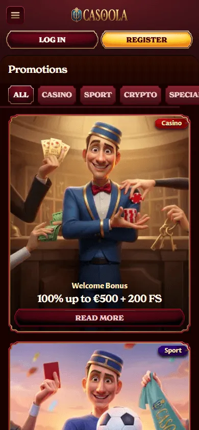 Casoola Casino mobile promotions area with bonus offers